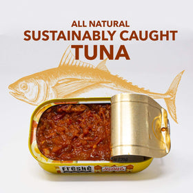 Freshé backpacker-ready tuna tin, ideal for on-the-go meals.