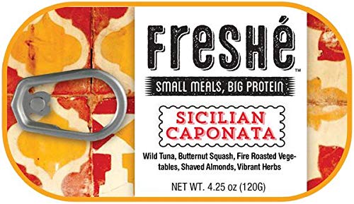 Freshé tuna tin with Sicilian caponata, gluten-free and protein-rich.