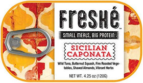 Freshé tuna tin with Sicilian caponata, gluten-free and protein-rich.
