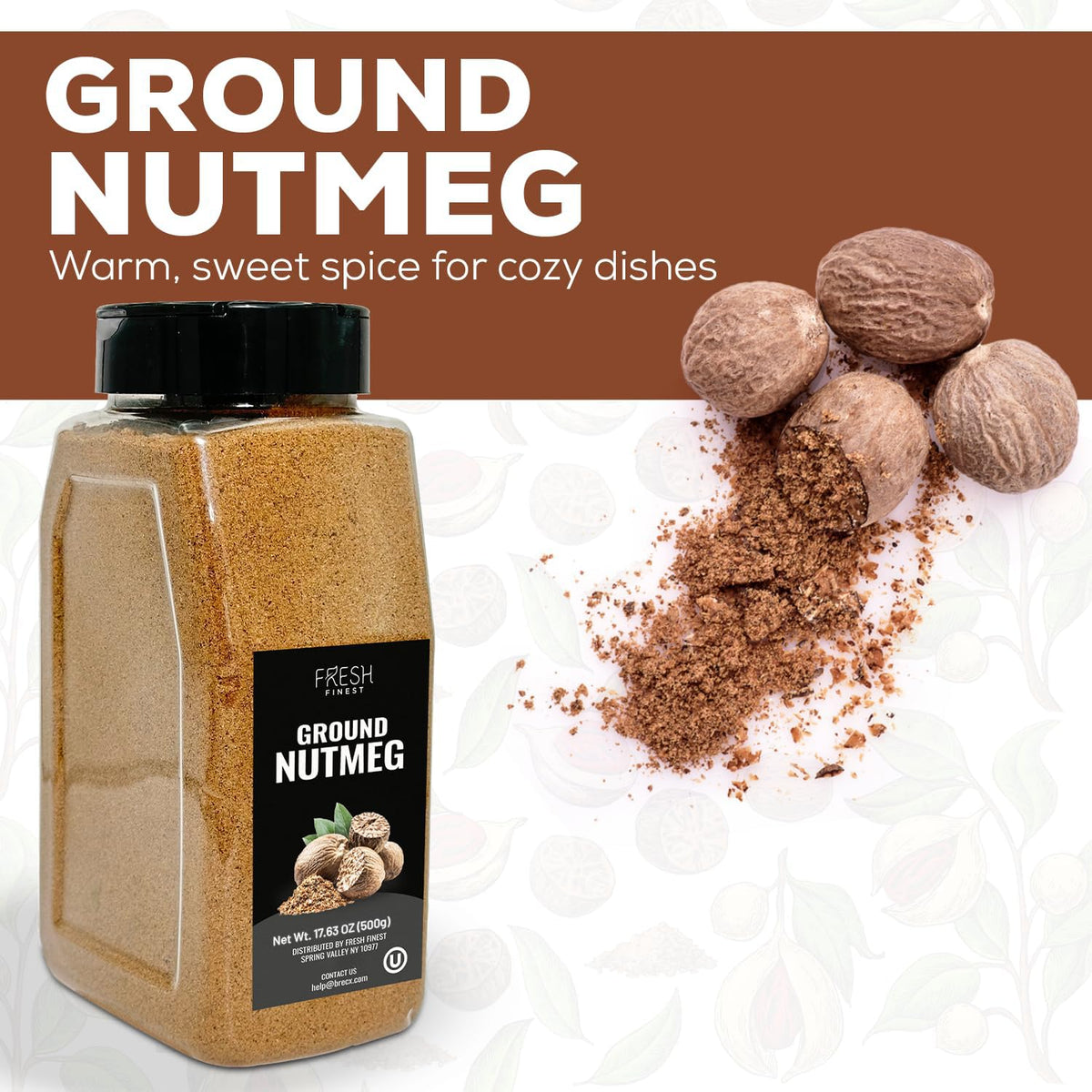 Fresh Finest Ground Nutmeg enhances soups and sauces with warm aromatics.