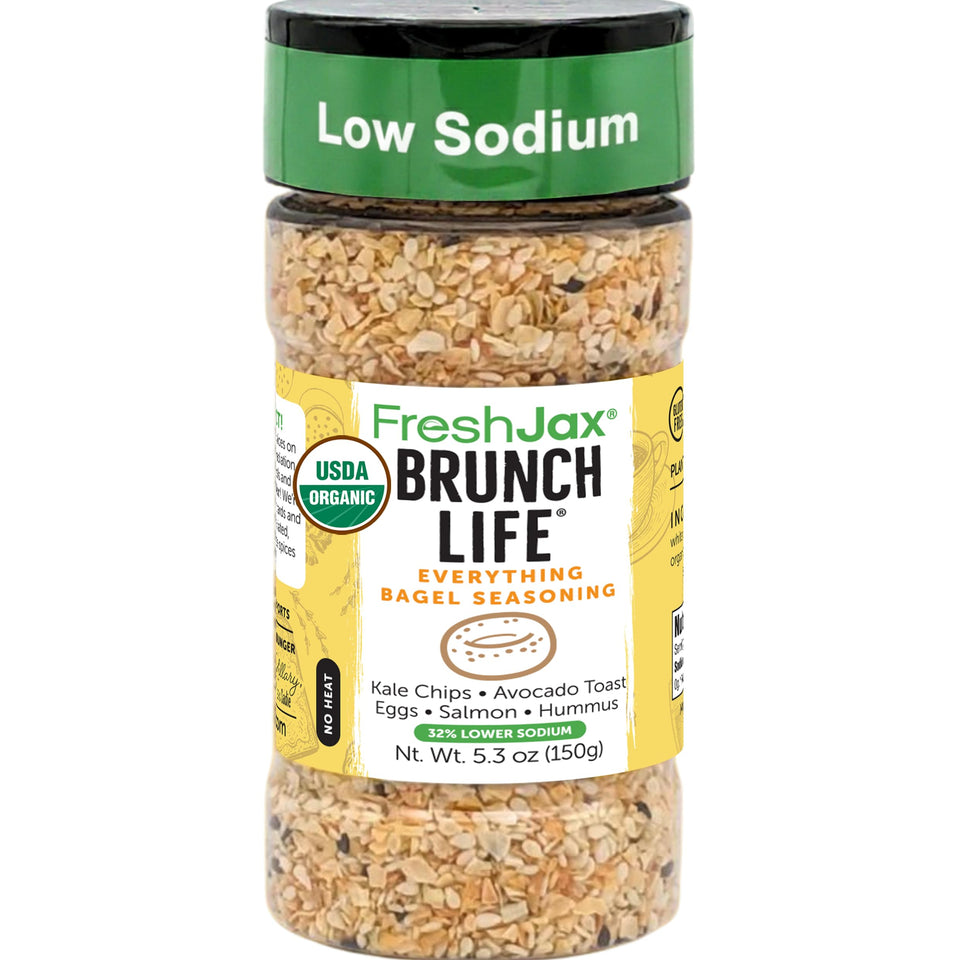 FreshJax Brunch Life seasoning bottle shows everything blend for savory, lower-sodium flavor.