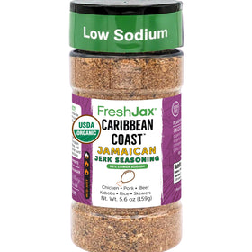 FreshJax Caribbean Jerk seasoning bottle ready for bold flavor on chicken or seafood.