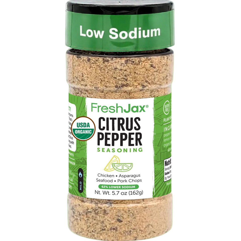 FreshJax Citrus Pepper Seasoning bottle pour adds bright citrus kick to chicken