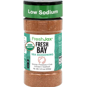 FreshJax Fresh Bay Seafood Seasoning jar enhances seafood flavor with balanced sodium