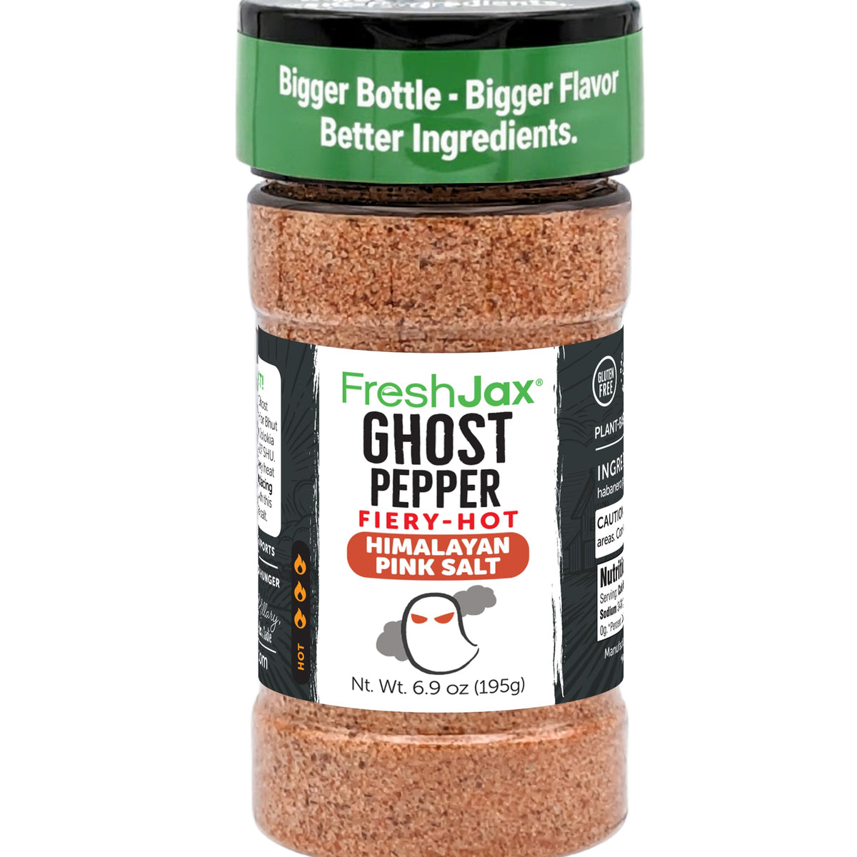 FreshJax Ghost Pepper Himalayan Salt bottle on grill adds bold heat to meats