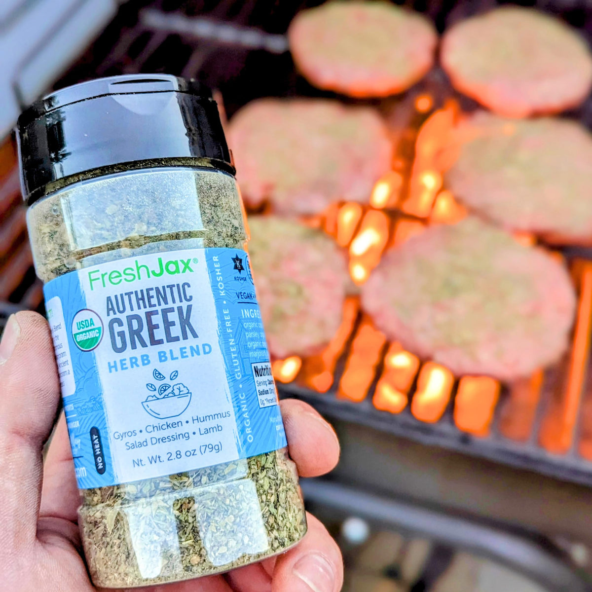 FreshJax Greek Seasoning with grilled seafood for zesty herb notes.