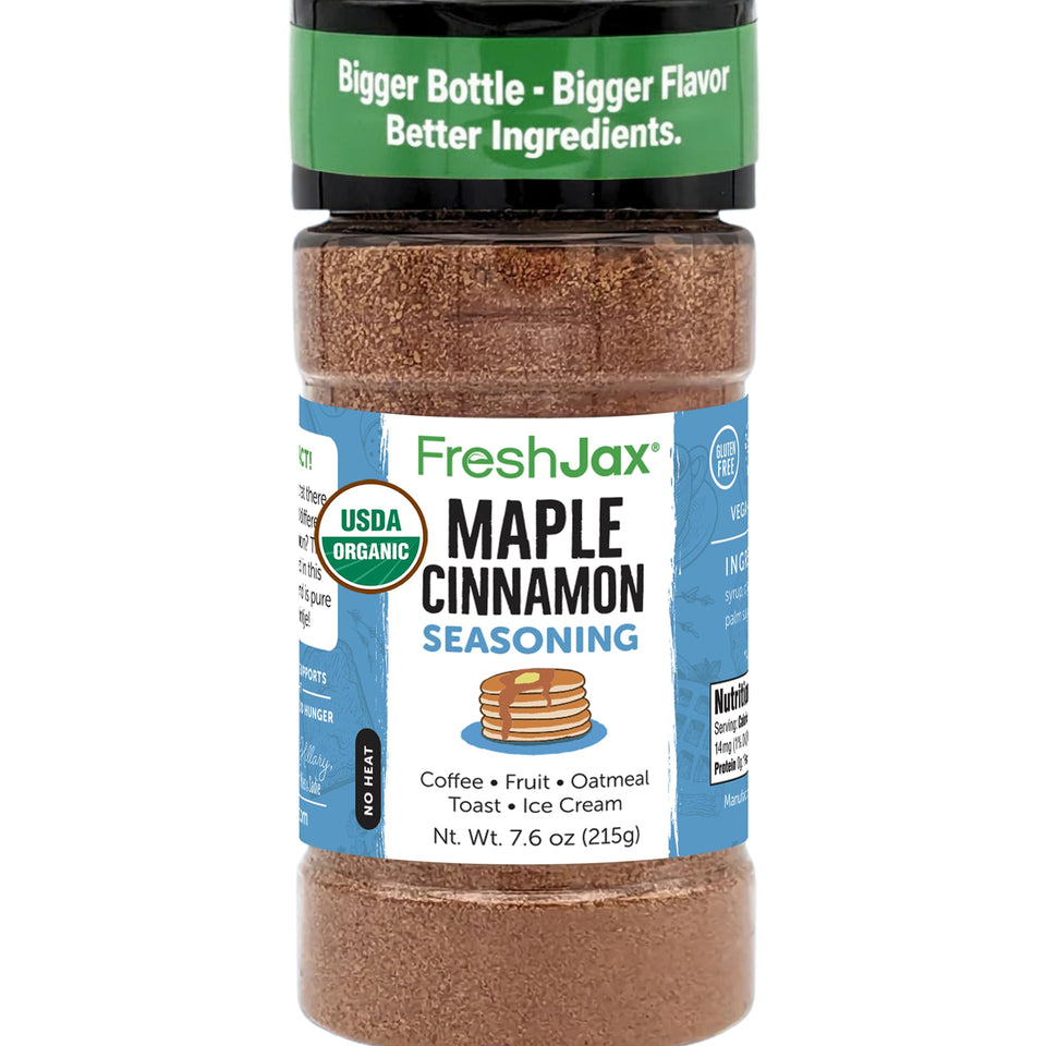 FreshJax Maple Cinnamon Topping bottle closeup, ready to elevate breakfasts with gourmet warmth.