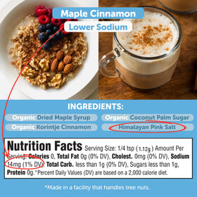 FreshJax Maple Cinnamon Topping label detail, shows Non-GMO and gluten-free attributes.