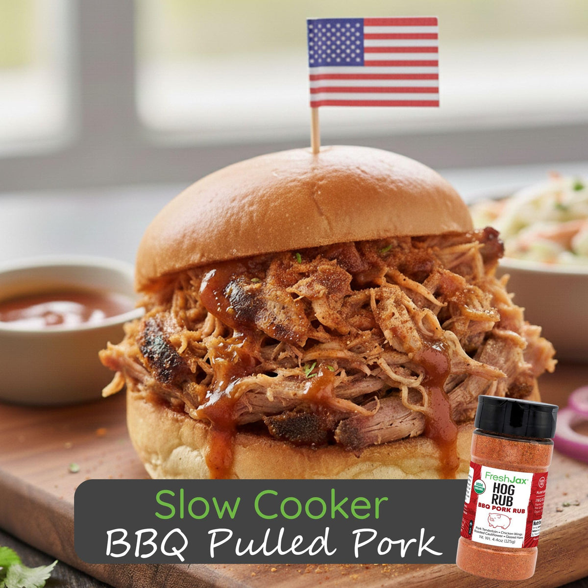 FreshJax Hog Rub bottle front showing compact, BPA-free packaging for easy grilling.