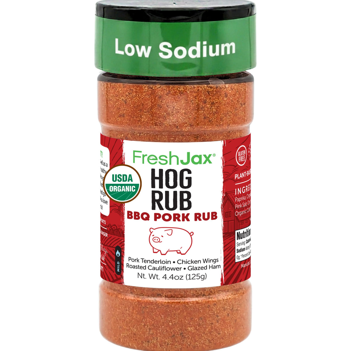 FreshJax Organic Hog Rub bottle label highlighting clean ingredients and low-sodium benefits.