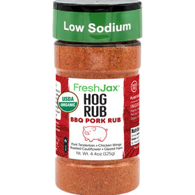 FreshJax Organic Hog Rub bottle label highlighting clean ingredients and low-sodium benefits.