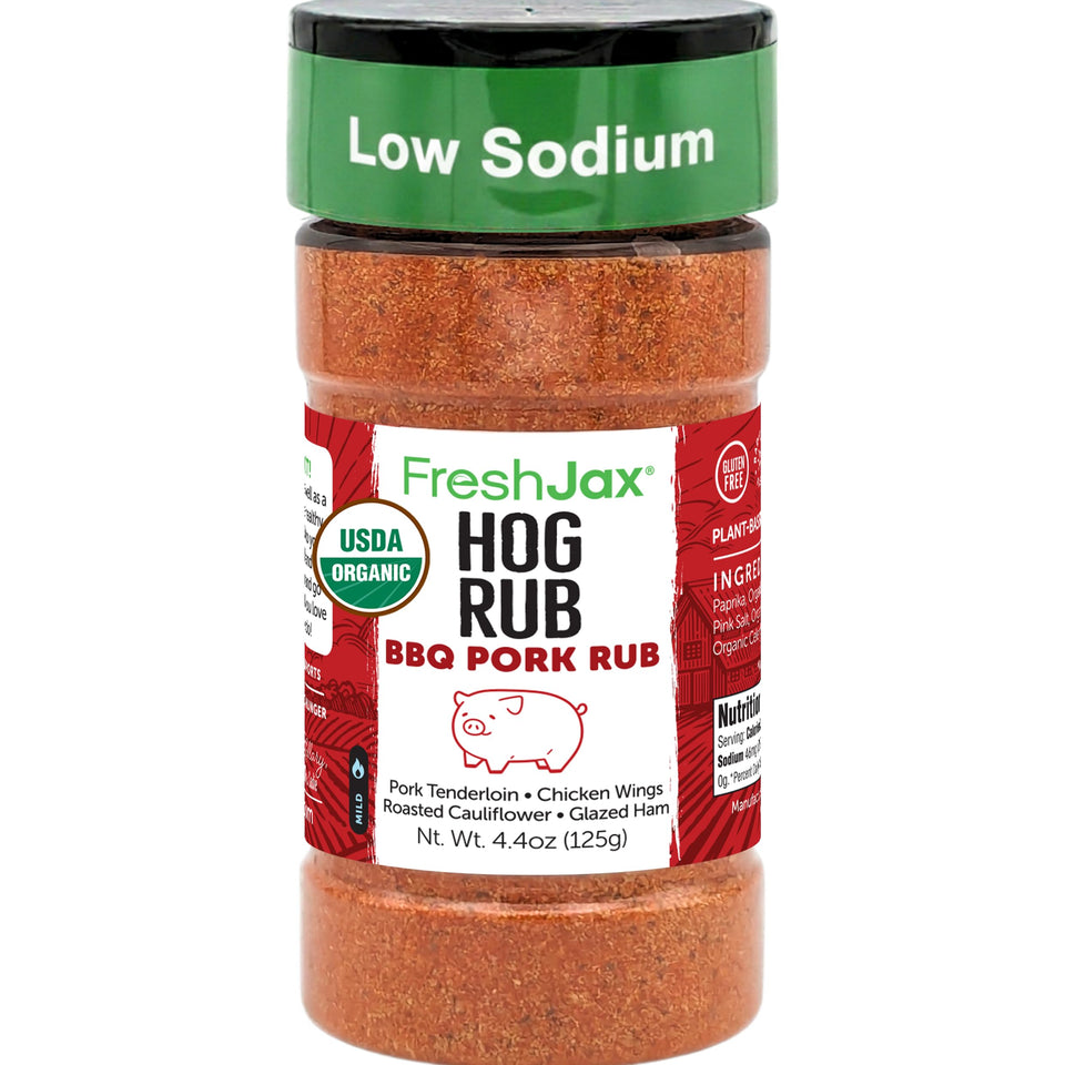 FreshJax Organic Hog Rub bottle label highlighting clean ingredients and low-sodium benefits.