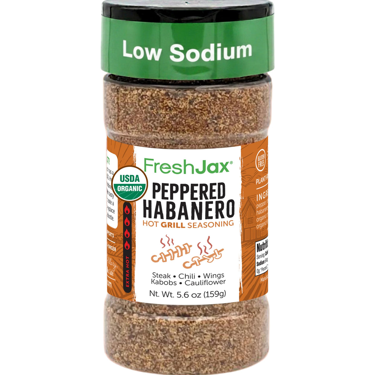 FreshJax Organic Peppered Habanero Hot Seasoning bottle pour adds smoky heat for grilling