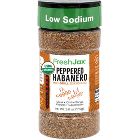 FreshJax Organic Peppered Habanero Hot Seasoning bottle pour adds smoky heat for grilling