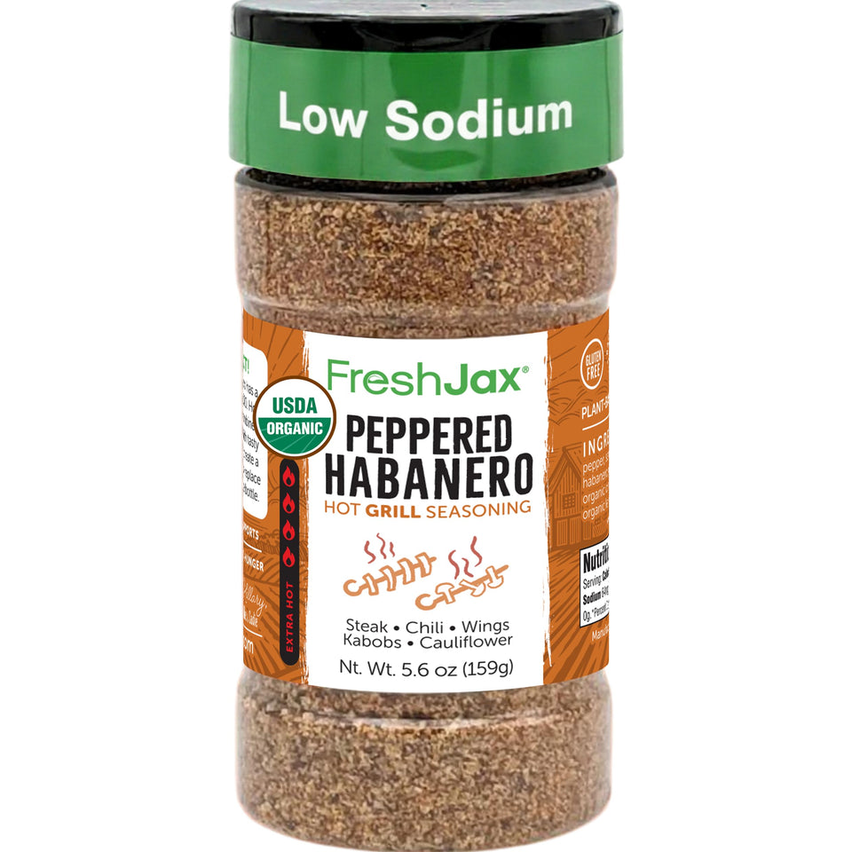 FreshJax Organic Peppered Habanero Hot Seasoning bottle pour adds smoky heat for grilling