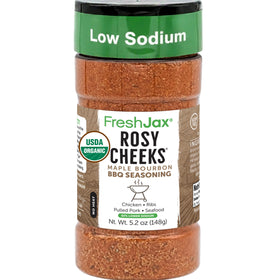 FreshJax Rosy Cheeks Maple Bourbon Rub bottle boosts bold smoky-sweet flavor for meats