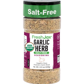 FreshJax Salt-Free Garlic Herb Blend bottle front view for easy seasoning