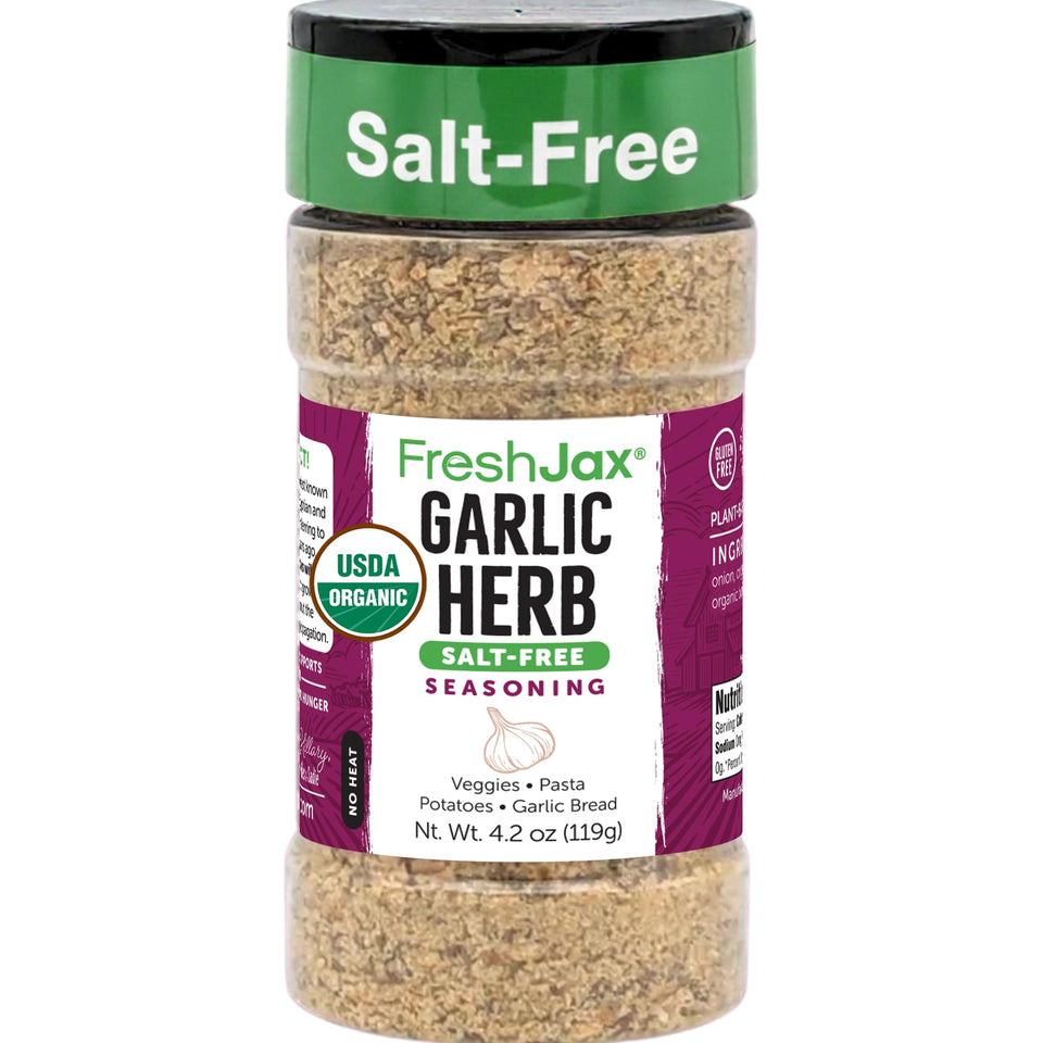 FreshJax Salt-Free Garlic Herb Blend bottle front view for easy seasoning