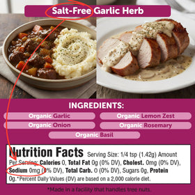 FreshJax Salt-Free Garlic Herb Blend bottle amid Thanksgiving spread