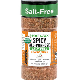 FreshJax Salt-Free Spicy All-Purpose Seasoning bottle ready for grilling