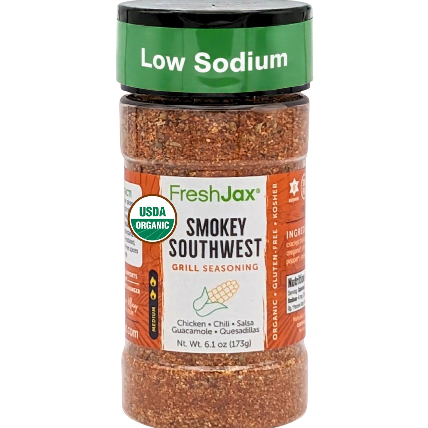 FreshJax Smokey Southwest seasoning bottle close-up for bold outdoor grilling flavor.