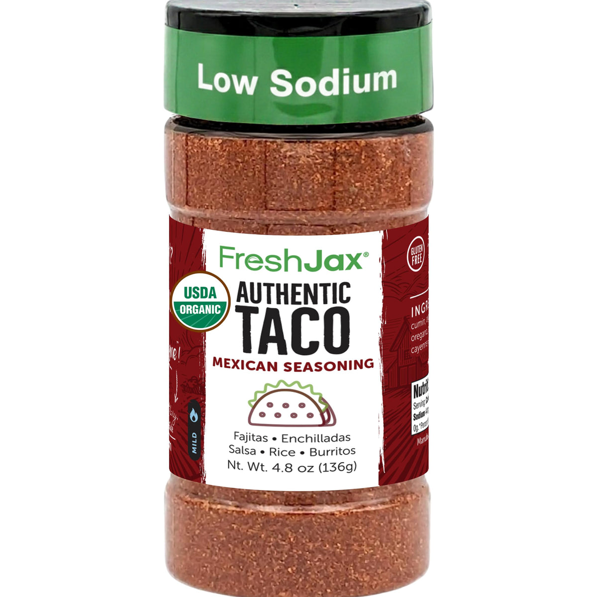 FreshJax Organic Taco Seasoning jar front for quick weeknight flavor.