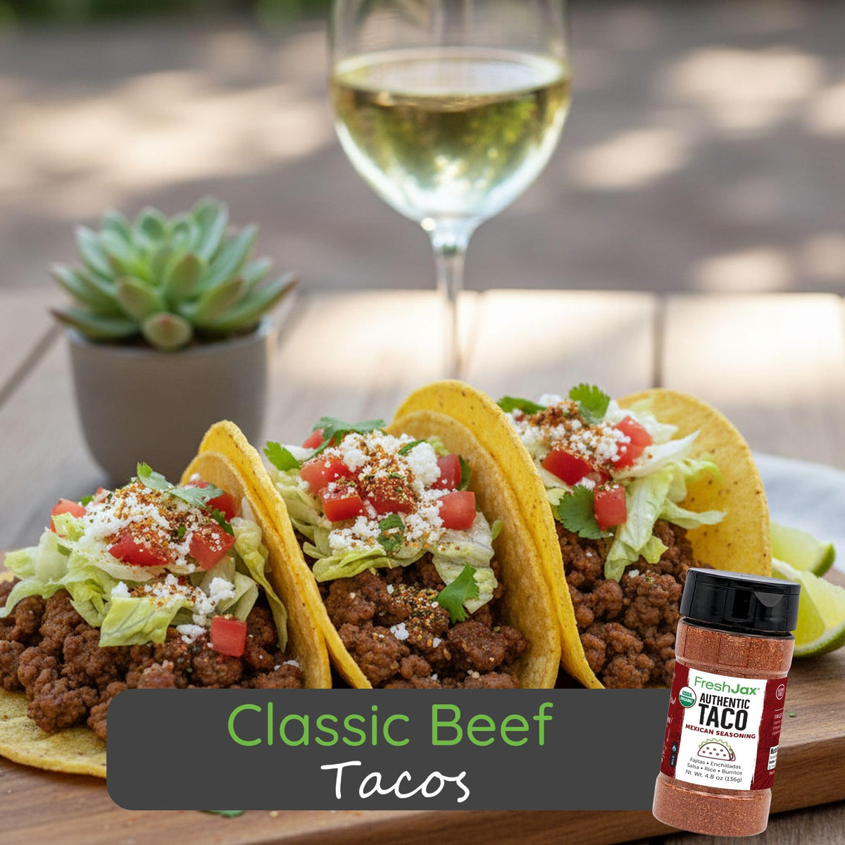 FreshJax tacos with seasoned chicken and vibrant toppings.