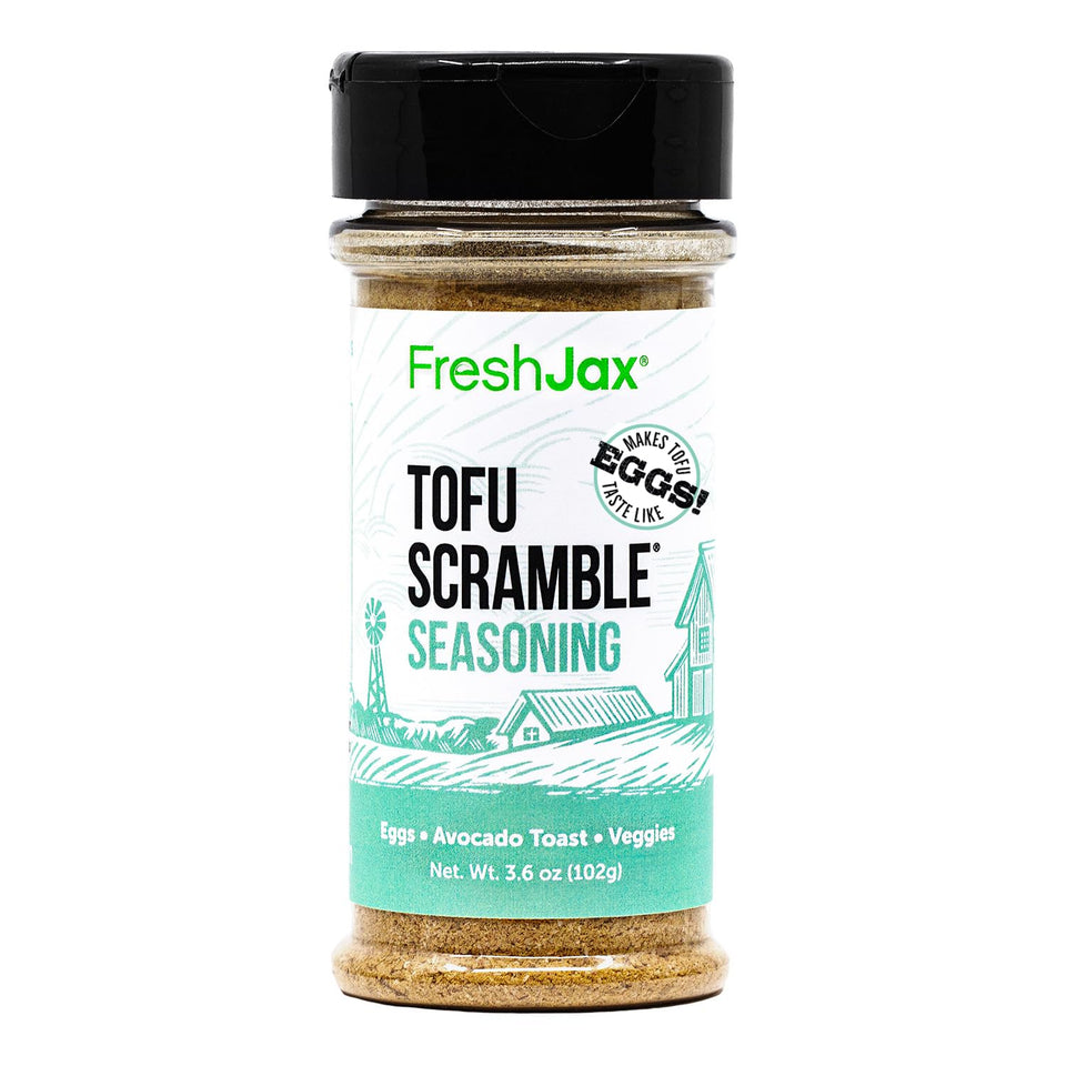 FreshJax tofu scramble spice mix bottle close-up for rich savory aroma