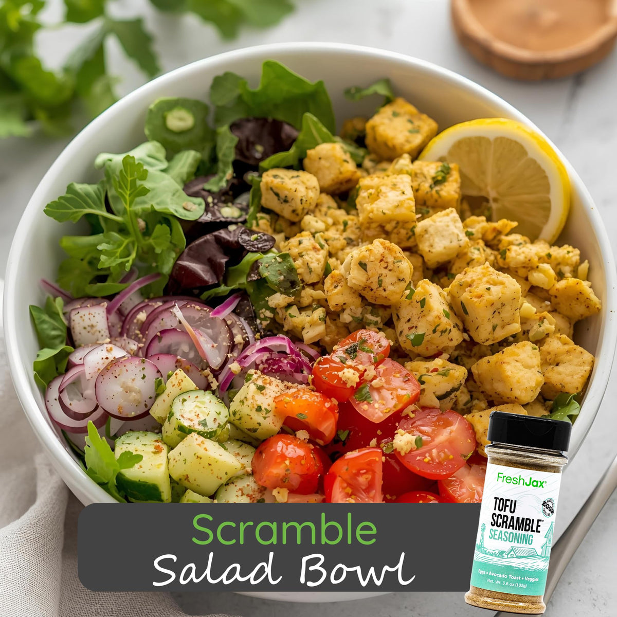 FreshJax tofu scramble spice mix bowl ready for a plant-based breakfast