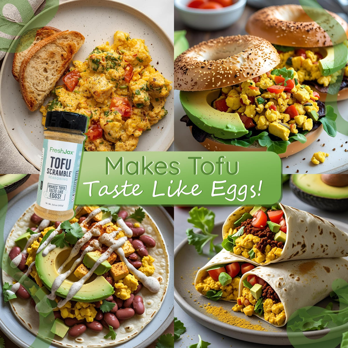 FreshJax seasoning sprinkled over tofu scramble for quick flavor boost