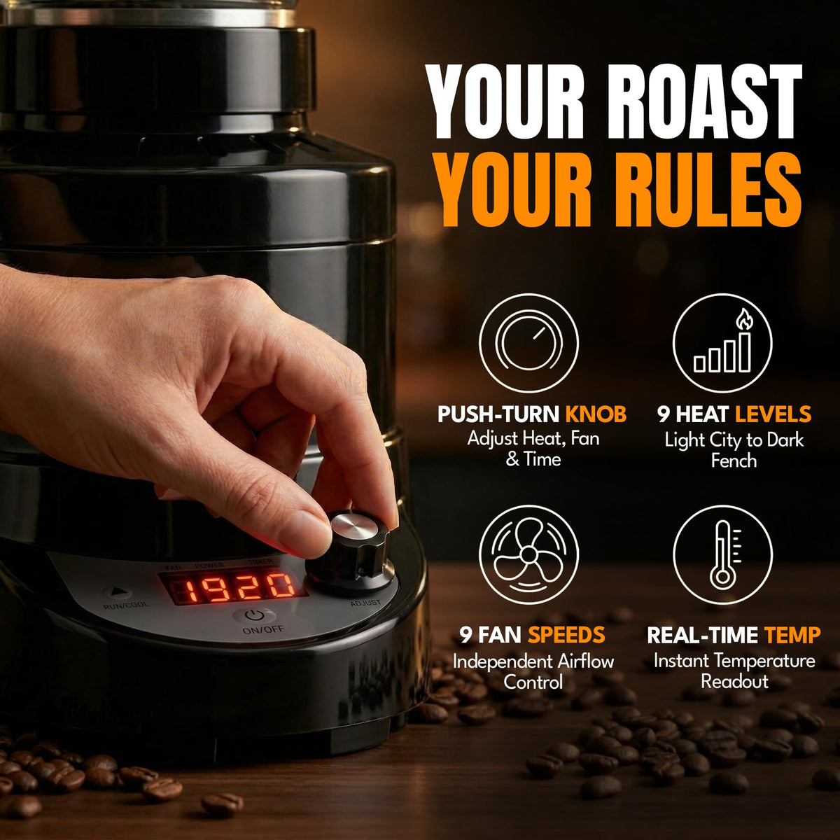 Glass extension tube helps beans move evenly for consistent heat
