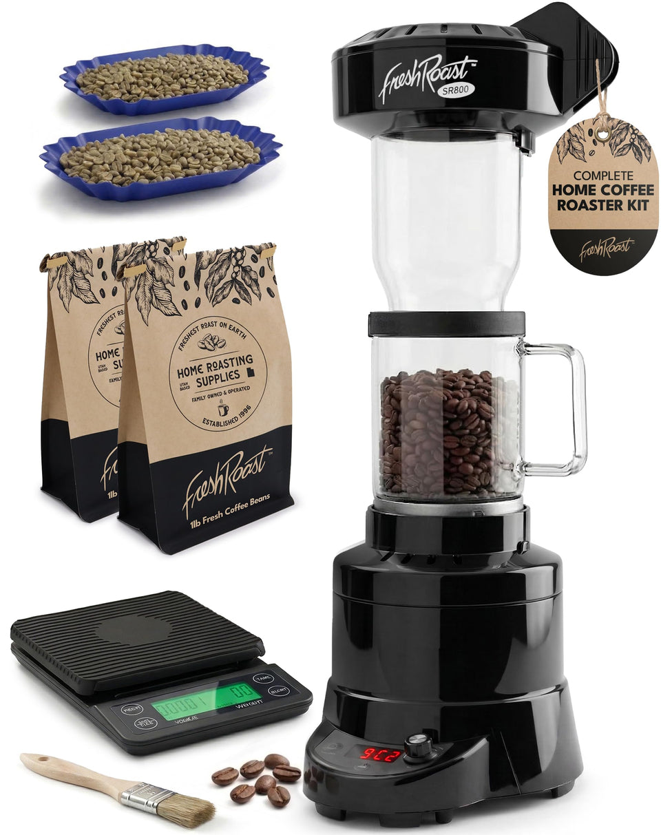 Fresh Roast SR800 front view shows compact roaster ideal for home coffee roasting