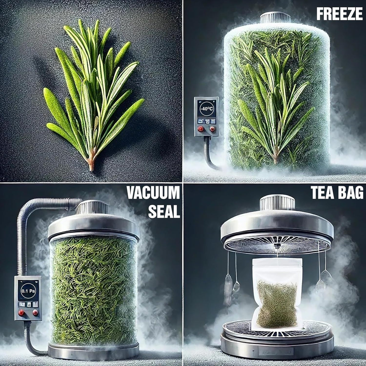 FreshXify rosemary tea bags closeup preserves freeze-dried leaves' flavor and oils.