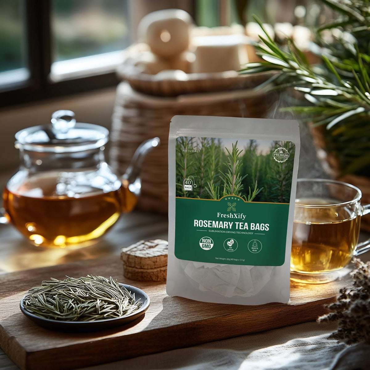 FreshXify vegan herbal tea box shows 100 bags for daily use.