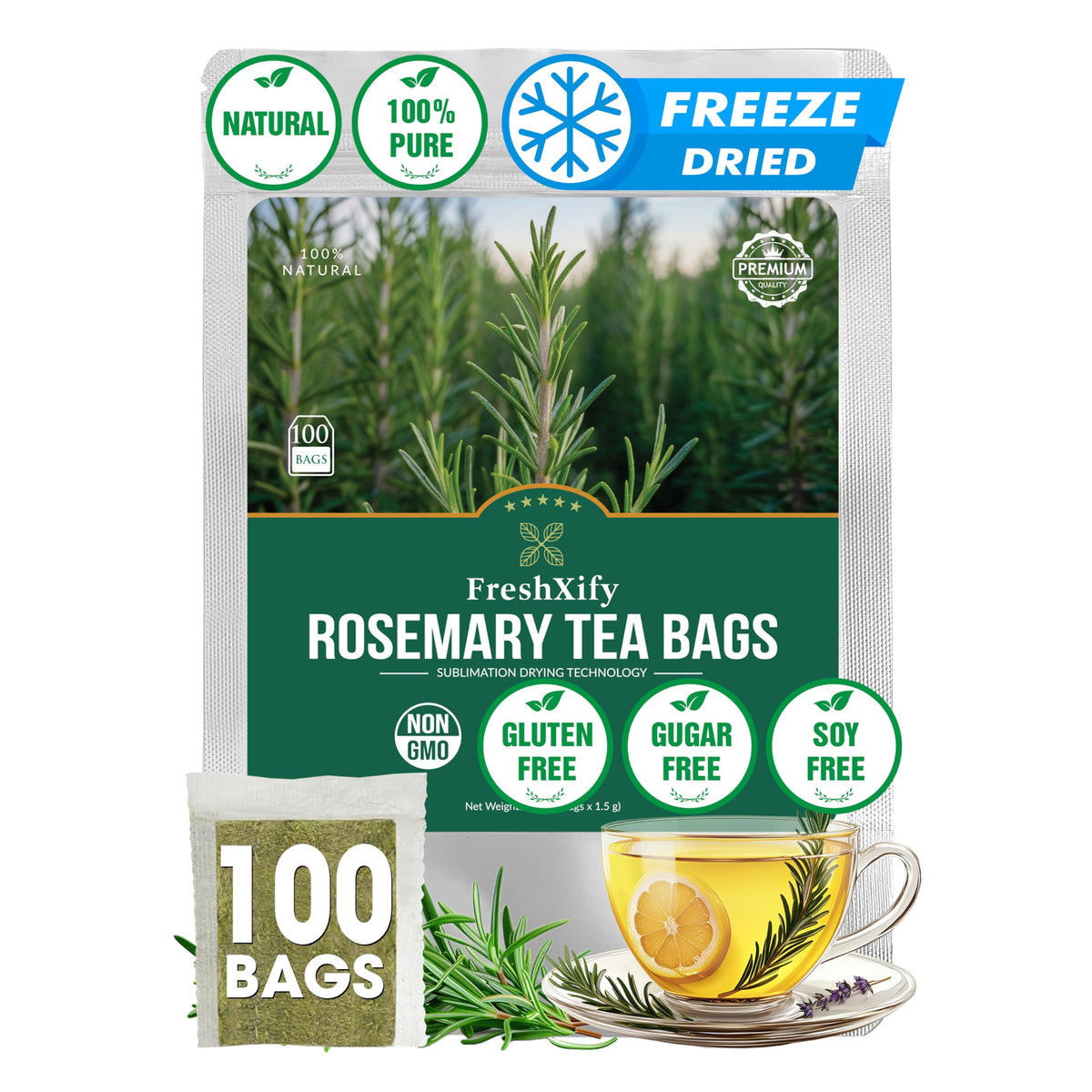 FreshXify rosemary tea bags in packaging highlight 100% natural leaves for rich aroma.