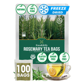 FreshXify rosemary tea bags in packaging highlight 100% natural leaves for rich aroma.