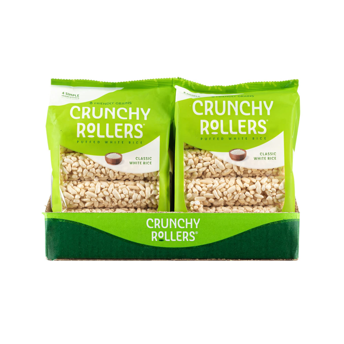 Friendly Grains Classic White Rice Rollers ingredients label highlighting simple components.