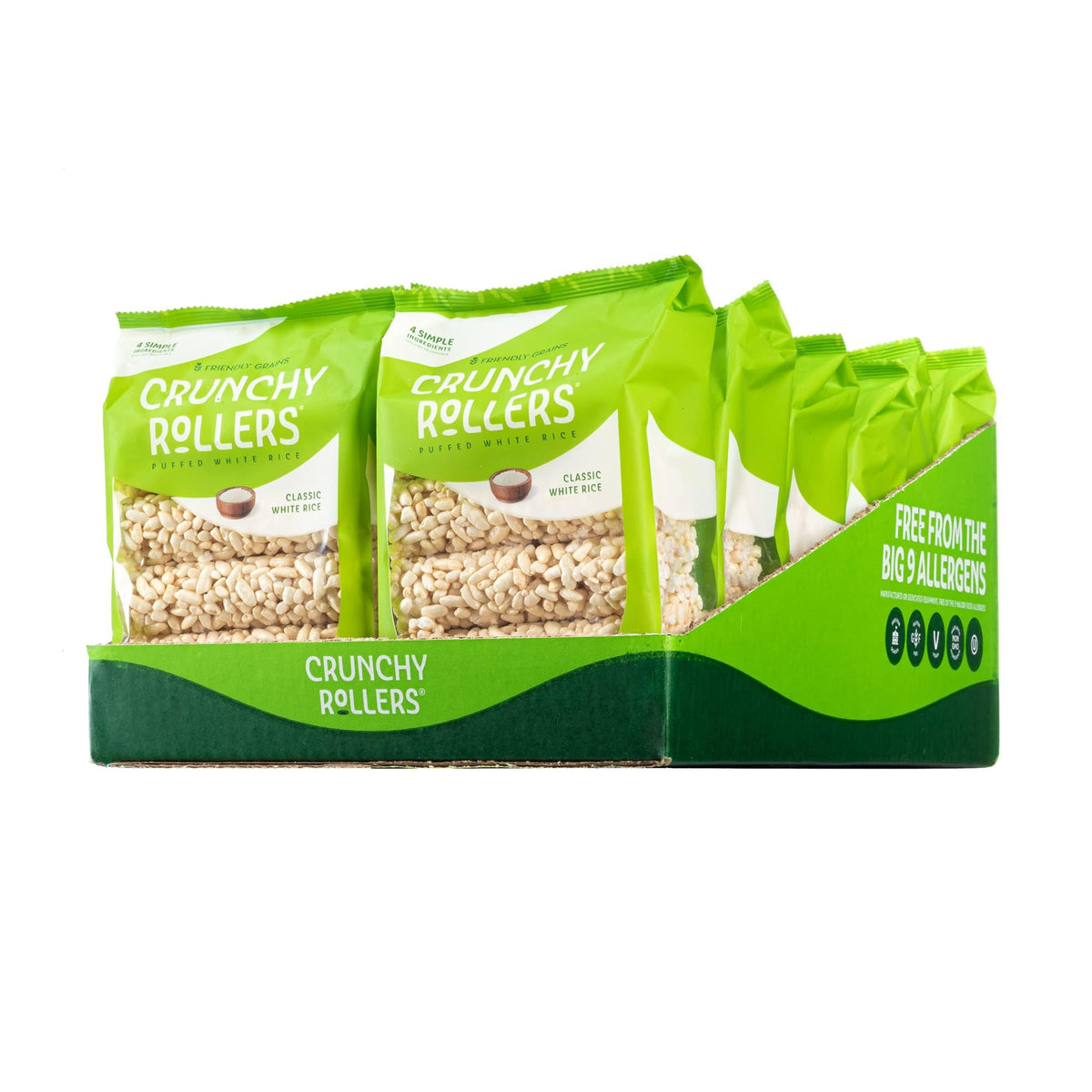 Friendly Grains Classic White Rice Rollers pack front showing on the go snacking convenience.