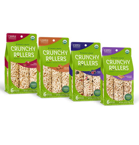 Friendly Grains Crunchy Rollers variety box front pack for easy, on-the-go snacking.