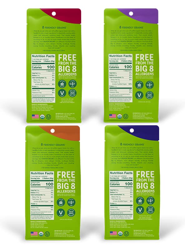 Friendly Grains Crunchy Rollers organic puffed rice close-up on simple ingredients.