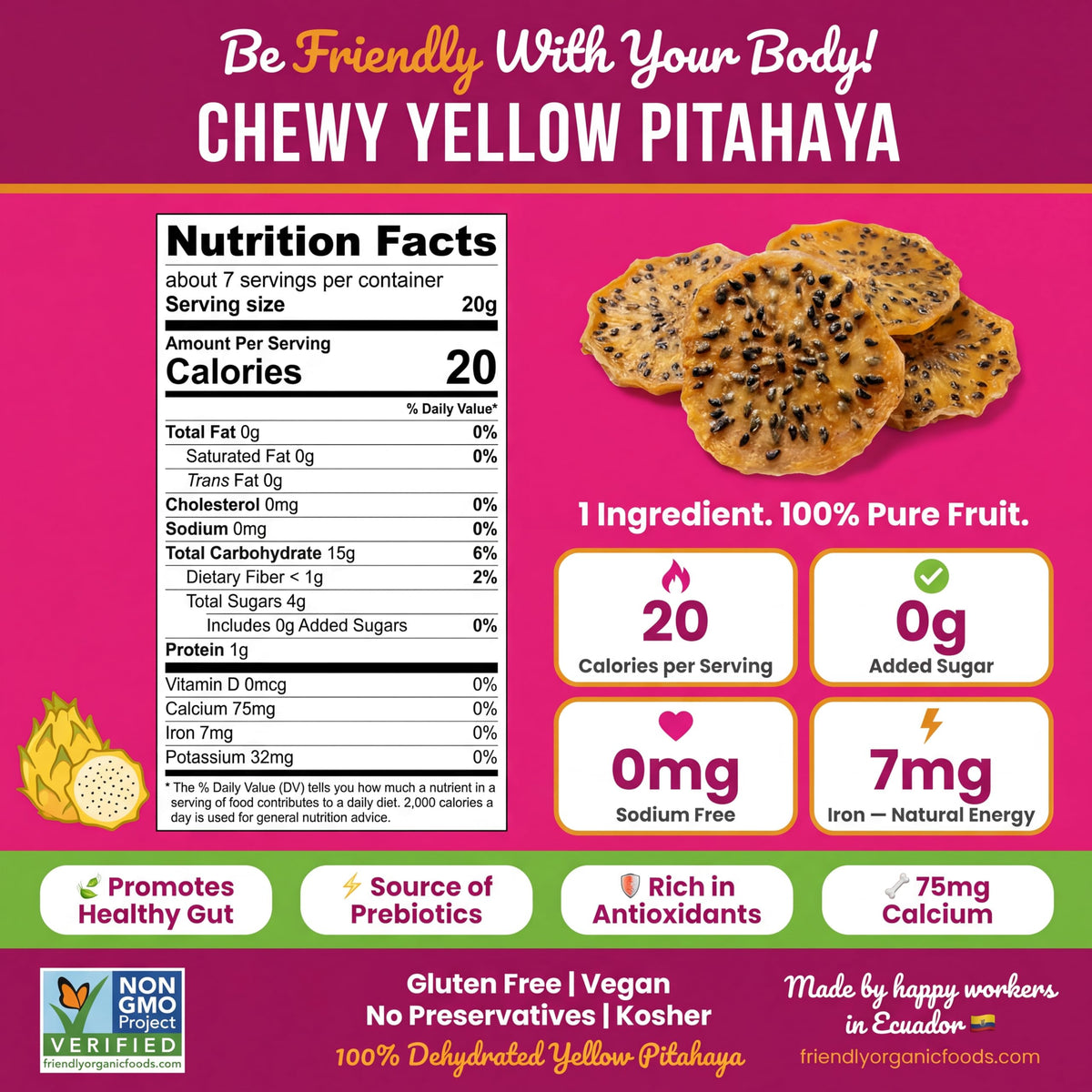Friendly Yellow Dragon Fruit-no-sugar-added close-up highlights clean ingredients.