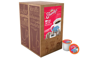 Friendly's packaging closeup shows premium Arabica beans in a convenient single-serve format.