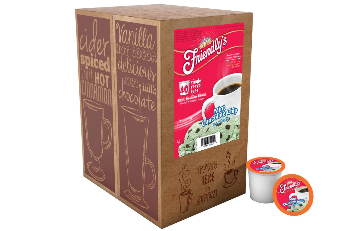 Rows of Friendly's chocolate mint coffee pods on display for a quick flavor pick.