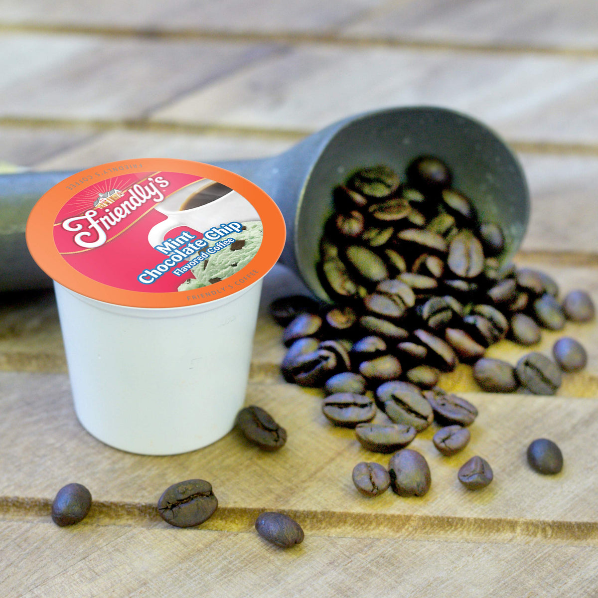 Friendly's coffee pod closeup shows premium Arabica beans and smooth finish