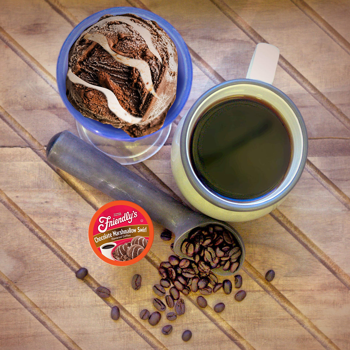 Friendly's coffee pods beside a steaming mug invite dessert-inspired moments.