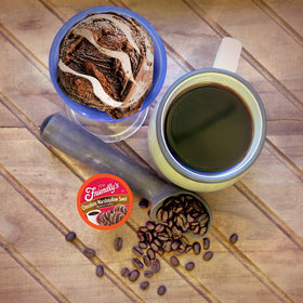 Friendly's coffee pods beside a steaming mug invite dessert-inspired moments.