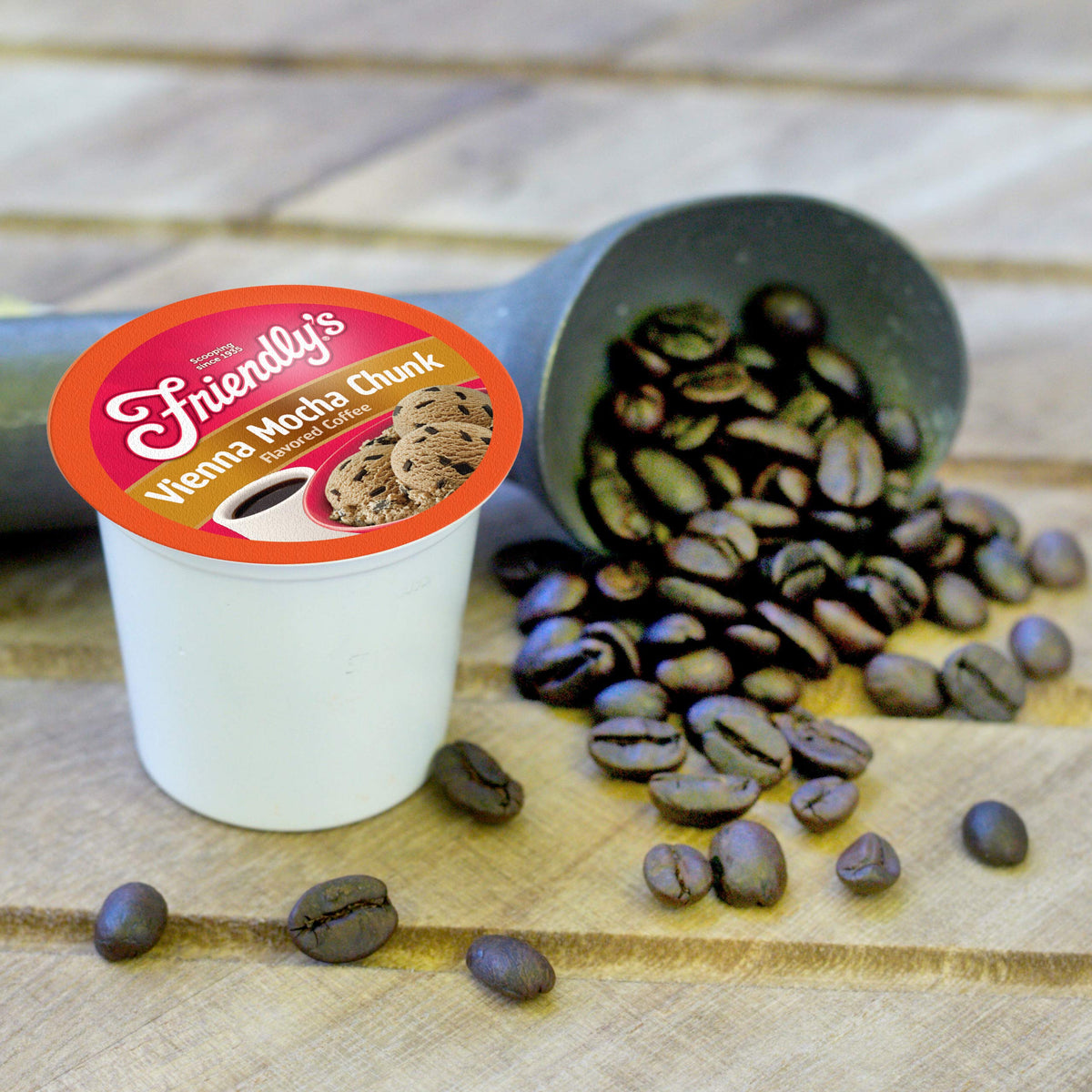 K-Cup compatible Friendly's pods image indicates easy use with 2.0 brewers.