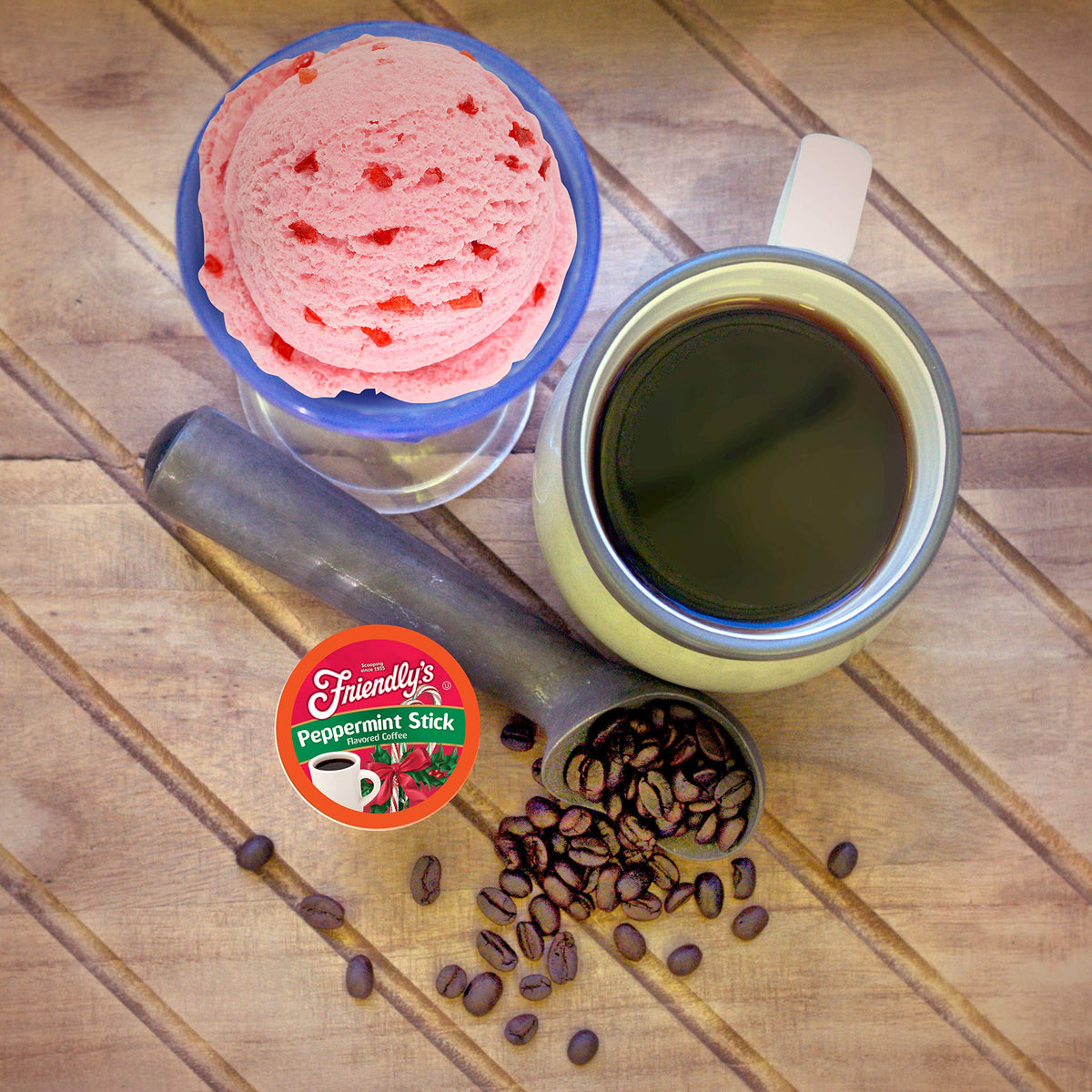 Friendly's peppermint coffee pods brewing in Keurig for easy ritual