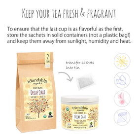 Friendship Organics decaf chai certifications seal confirms ethical sourcing
