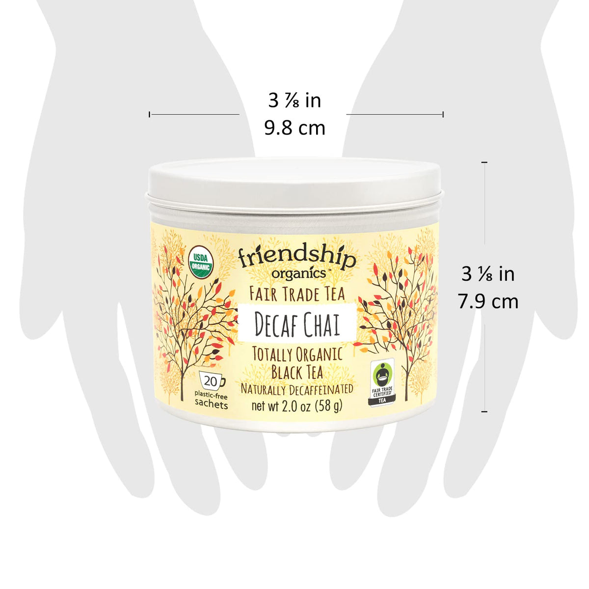 Friendship Organics decaf chai ingredients label featuring organic spices